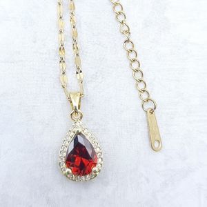 Red Pear cut Teardrop cz Halo Necklace Gold Plated Stainless Steel New